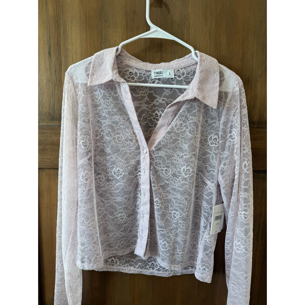 NWT Tinsel Women’s Pink Lace Sheer Long Sleeve Button‎ Blouse Top Large Boho